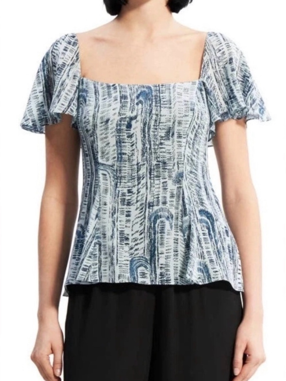 Theory Silk Blue Flutter Sleeve Blouse size Small